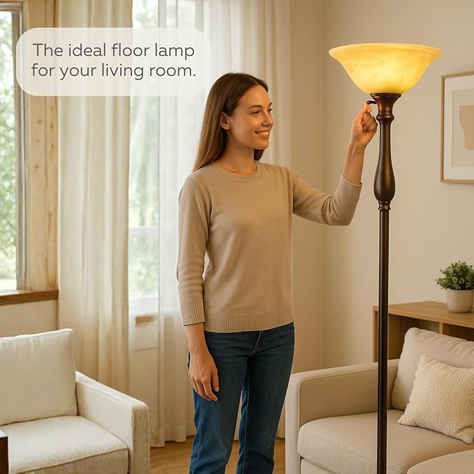LIGHTACCENTS Royal Bronze Torchiere with Amber Alabaster Shade – Standing Light for Bedroom, Living Room, Office, Reading Corner – Floor Lamp for Home Décor, Ambient Uplight Accent