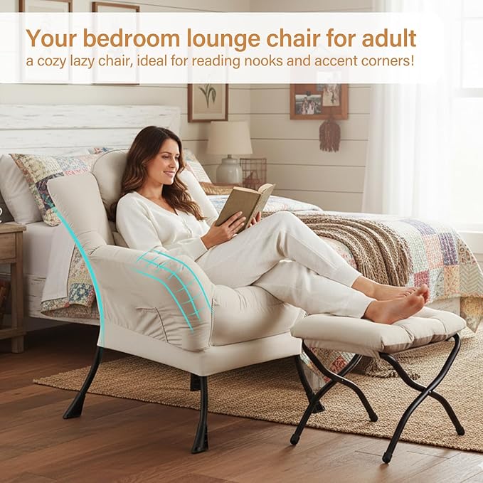 Lazy Chair with Ottoman, Modern Accent Chair with Lumbar Pillow, Velvet Beige Sofa, Lounge Chairs with Folding Footrest, Oversized Supportive Chairs for Bedroom, Reading