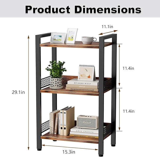 3-Tier Book Shelf, Bookcase with a Back Panel, Storage Shelves for Bedroom, Living Room & Home Storage (Brown Black)