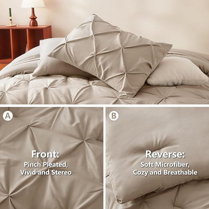 CozyLux Queen Comforter Set Wheat, 7 Pieces Pintuck Bed in A Bag, Premium Wheat Comforter Queen Size, Pinch Pleat Bedding Sets with Comforter, Sheets, Pillowcases & Shams