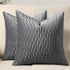 Grey Striped Decorative Pillow Cases: 2 Pack 24x24 Inch Original Velvet Square Throw Pillow Covers for Farmhouse Couch