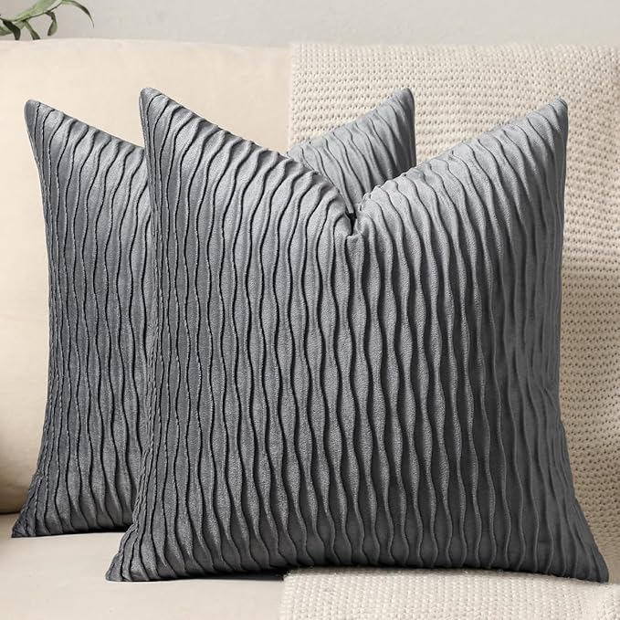 Grey Striped Decorative Pillow Cases: 2 Pack 16x16 Inch Original Velvet Square Throw Pillow Covers for Farmhouse Couch