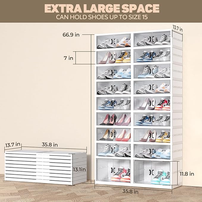 Dollate 9 Tiers 36 Pairs Foldable Shoe Rack, Large Shoe Storage with Magnetic Clear Door, Easy Assembly and Freely Movable Shoes Organizer, Large Capacity Shoe Shelf for Cloakroom, Entryway