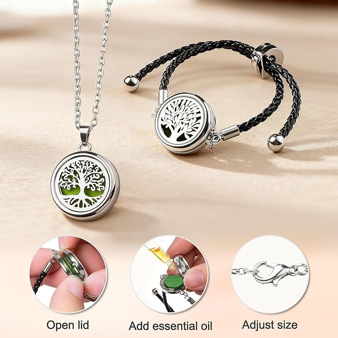 Essential Oil Diffuser Necklace & Bracelet Set for Women 2pcs, for Mom, Tree of Life Aromatherapy Locket + Adjustable Diffuser Bracelet, 20 Refill Pads, Gifts for Women, Sister, Wife
