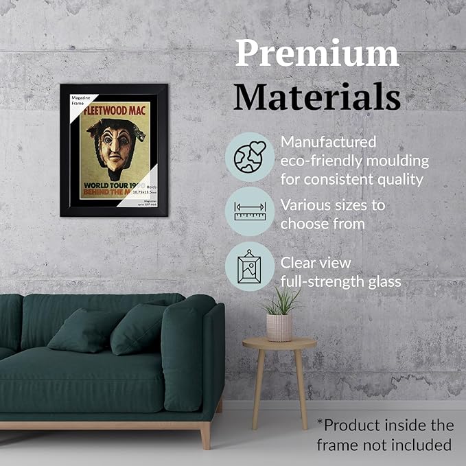Creative Picture Frames 10.75 x 13.5 Magazine Frame with Full-Strength Glass, Holds Up To A 1/4" Thick Media with Installed Hangers for Easy Mounting, 12x15 Black Frame with Black Mat