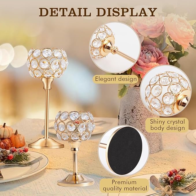 Crystal Metal Tealight Candlestick, Bling Bowl Candelabras, Tall Crystal Candle Holders Elegant Candle Centerpiece for Dining Table Wedding Home Mantel Decor(Golden, 4Sets(12 Pcs))