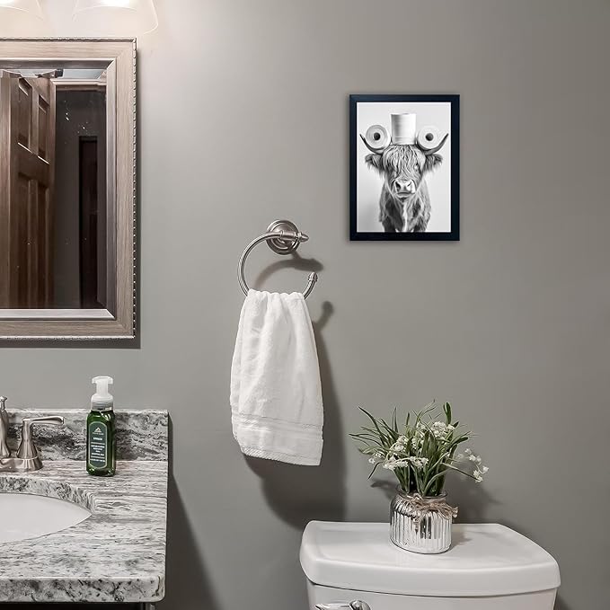 Funny Highland Cow Bathroom Wall Art with Toilet Paper on Head, Humorous Farmhouse Sign for Bathroom Decor, Rustic Black Framed Canvas Print for Restroom Toilet, Ready to Hang 11"x14"