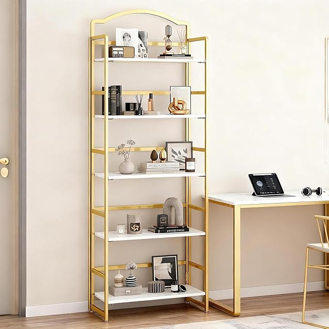 JSB No Assembly Folding Bookshelf, 5 Tier Book Shelf for Storage, Vintage Wood Foldable Bookcase for Living Room, Bedroom, Office Organization Shelves
