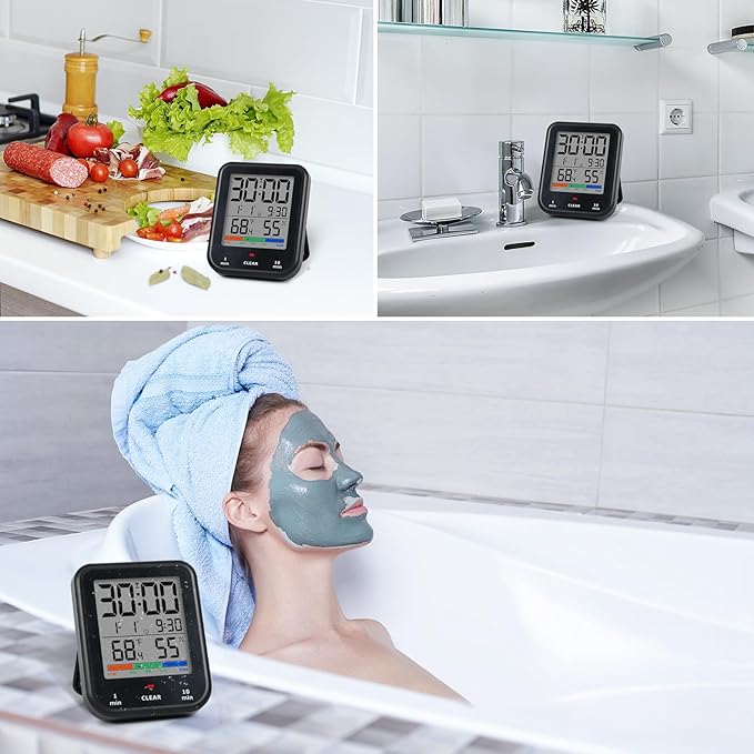 Geevon Digital Bathroom Clock, Waterproof Shower Timer with Large Touch Screen, Battery Operated Bathroom Wall Clock with Temperature & Humidity Display - Suction Cup/Hanging Hole/Stand (Black)