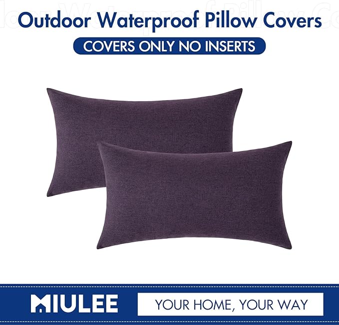 MIULEE Pack of 2 Decorative Outdoor Solid Waterproof Throw Pillow Covers Faux Linen Garden Farmhouse Cushion Cases for Patio Tent Balcony Couch Sofa 20x12 Inch Purple
