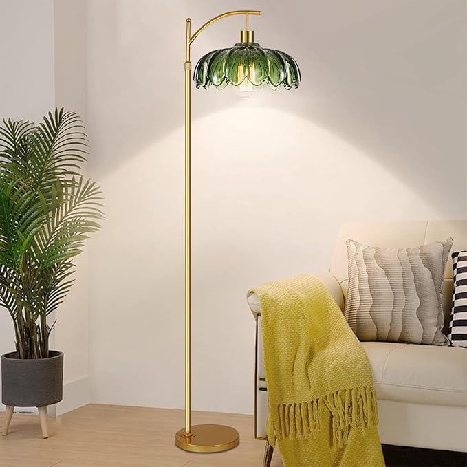 Glass Floor Lamp for Living Room,Bedroom,Gold Dimmable Standing Lamp with Remote,Mid Century Modern Brass Tall Lamp Boho Vintage Retro Floor Lamps Arc Green Flower Floor Light Lamp Bohemian