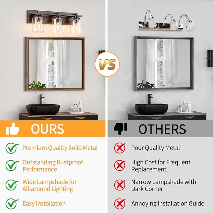 3 Light Modern Bathroom Light Fixtures Over Mirror, Bronze Finish Vanity Lights for Bathroom Wall Sconces with Clear Glass Shades, E26 Socket (Bulbs Not Included)