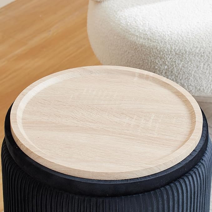 Round Ottoman with Storage Set of 2-Upholstered Velvet Vanity Stool for Makeup Multifunctional Ottomans Coffee Table Padded Seat Foot Rest for Living Room&Bedroom (Black-Upgrade Taray Lid)