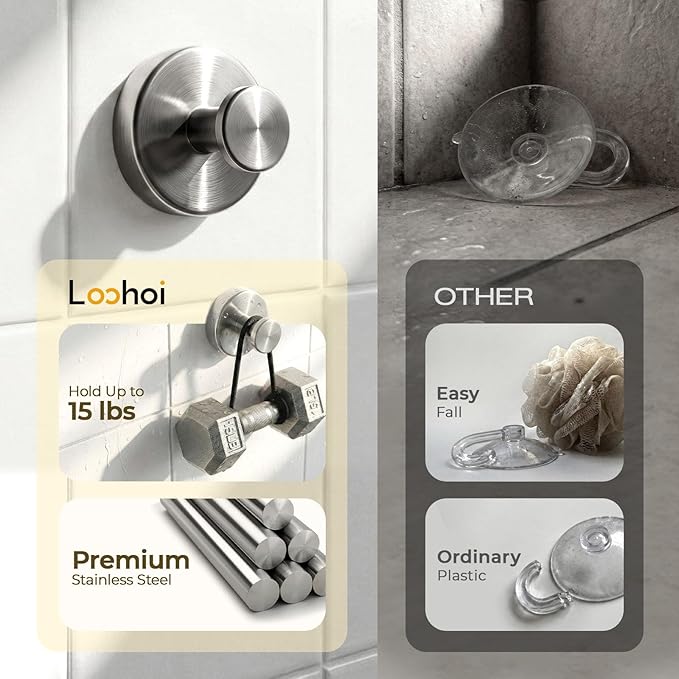 Upgraded Suction Cup Hooks for Shower, Heavy Duty Removable Towel Hooks for Bathroom Glass Door Wall, Stainless Steel Shower Hooks for Towel & Loofah (4 Pack, Silver)