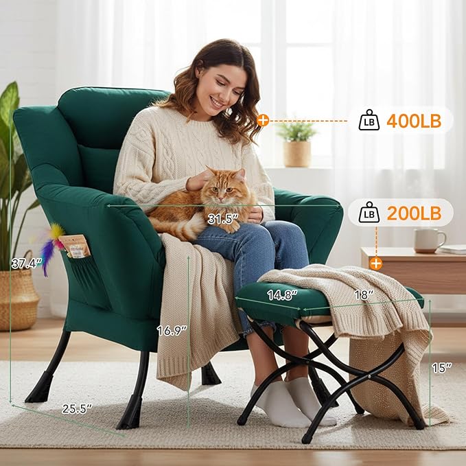 Lazy Chair with Ottoman, Large Lounge Accent Chair with Ottoman and a Throw Pillow, Dark Green Reading Chair for Living Room Bedroom Dorm Room Office Apartment Relaxing Use