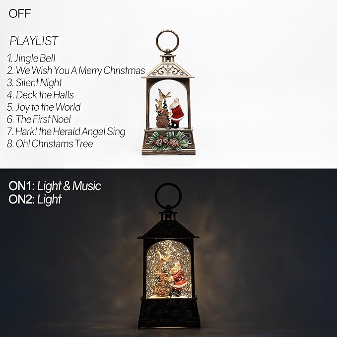 9.6" Christmas Snow Globe Lantern with Santa Claus - Water Swirling Glitter LED Light Musical Lantern with Exterior Decor - Vintage Xmas Gifts - USB Plug or Battery Operated Home Decor (Santa & Bear)