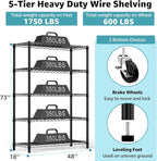 5-Shelf Storage Shelves,Wire Shelving Heavy Duty Metal Storage Shelving Unit Adjustable Garage Shelving Rack Pantry Kitchen (Black, 5 Tier,17.7" D x 47.2" W x 76.7" H)