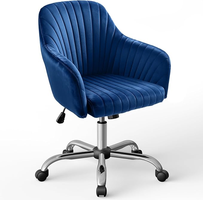 Warmiehomy Desk Chair, Velvet Office Chair for Home Office, Comfy Vanity Chair, Girl Cute Makeup Chair with Arm Rest for Bedroom Dressing Room, Dark Blue