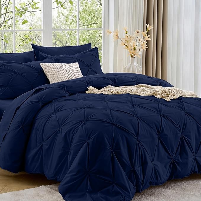 Sasttie Full Size Comforter Set, 7-Piece Bed in a Bag, Pintuck Bedding Sets for All Season, Includes Comforter, Flat Sheet, Fitted Sheet, Pillowcases and Pillowshams, Navy