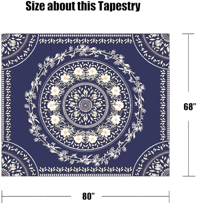 Lifeel Blue Bohemian Tapestry Wall Hanging, Mandala Floral Medallion Hippie Tapestry with White Aesthetic Wreath Design, Navy Wall Decor Blanket for Bedroom Home Dorm, Large 68×80 inches