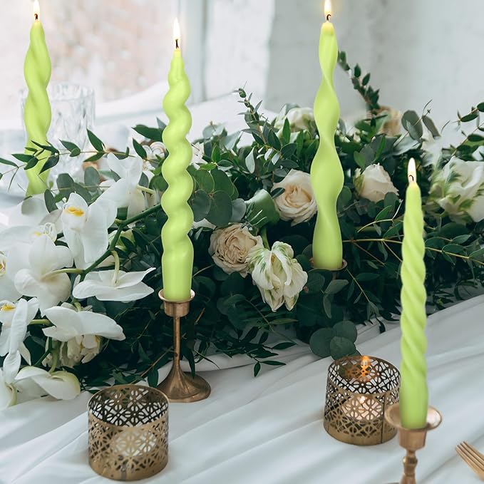 Nuanchu 4 Pcs 7.87 Inch Twisted Taper Candles Wax Unscented Smokeless Spiral Swirl Candlesticks for Wedding Holiday Dinner Party Home Decorations (Sage Green)