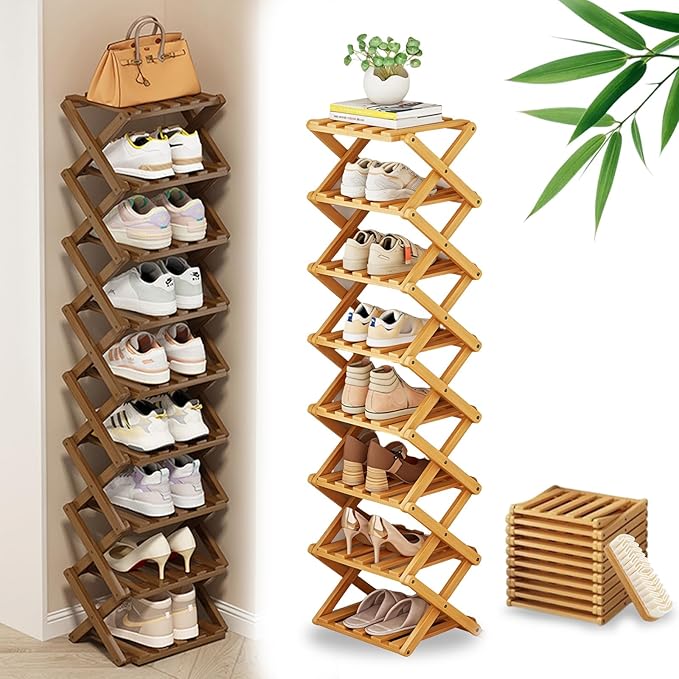 DDRIC 9-Tier No-Assembly Bamboo Rack, 2026 Upgraded Foldable Corner Shoe Rack, Space-Saving Organizer for Shoes, No-Tool Narrow Shelf for Entryway Closet Dorm (Nuture,8-Tier)