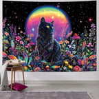 Dermijer Blacklight Black Cat Tapestry UV Reactive Moon Stars Floral Wall Hanging Tapestry Moonlit Garden Home Decor for Bedroom Living Room Dorm 59.1L x 51.2W