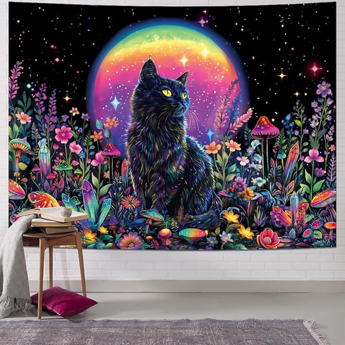 Dermijer Blacklight Black Cat Tapestry UV Reactive Moon Stars Floral Wall Hanging Tapestry Moonlit Garden Home Decor for Bedroom Living Room Dorm 59.1L x 51.2W