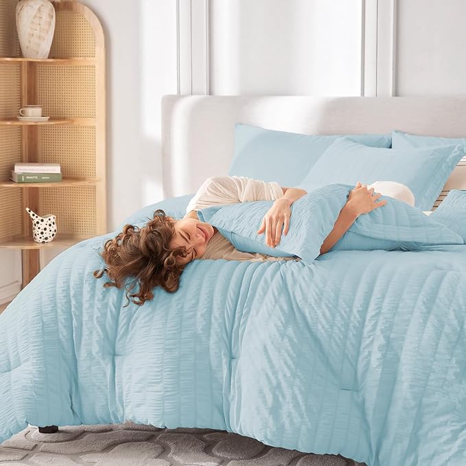MUXHOMO 7 Pieces King Comforter Set, Seersucker Bed in a Bag King Size, All Season Luxury Bedding Set with Comforter, Flat Sheet, Fitted Sheet, Pillowcases & Shams, Lake Blue