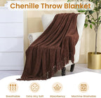Yoenille Rust Brown Chenille Throw Blanket for Couch Bed，Soft Cozy Throw Blanket with Handmade Fringe, Decorative Blanket for Sofa Chair Living Room for Gift, (Rust Brown,60" x 80")