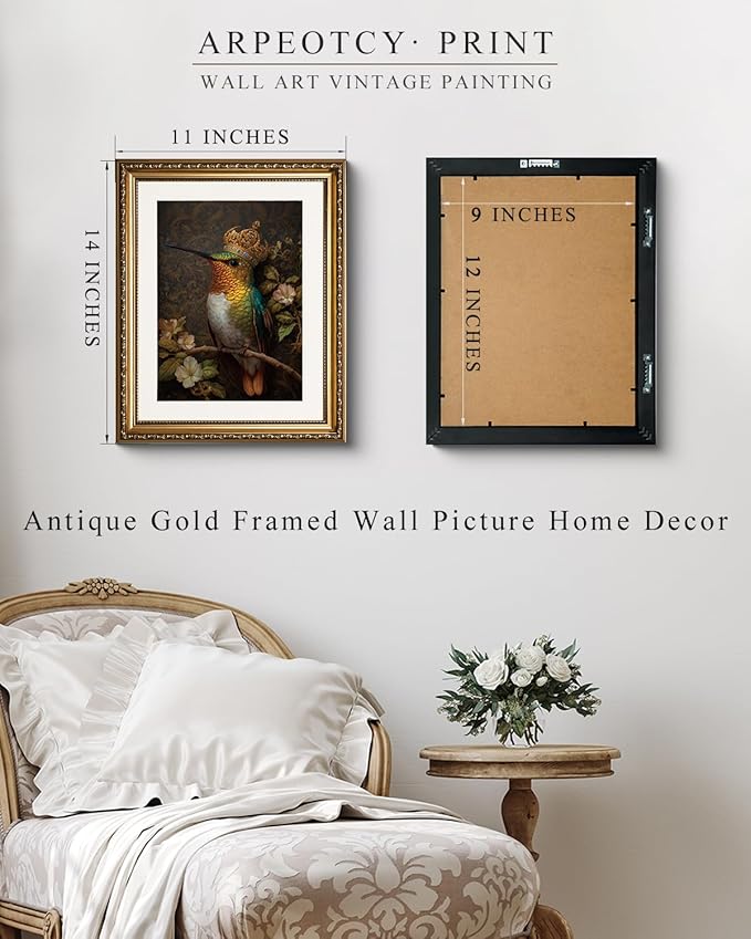ARPEOTCY Royal Hummingbird Wall Art, Framed Jewel‑Tone Bird Painting Print, Ornate Gold Frame, 11×14 Inch Elegant Nature Décor for Living Room, Bedroom or Entryway