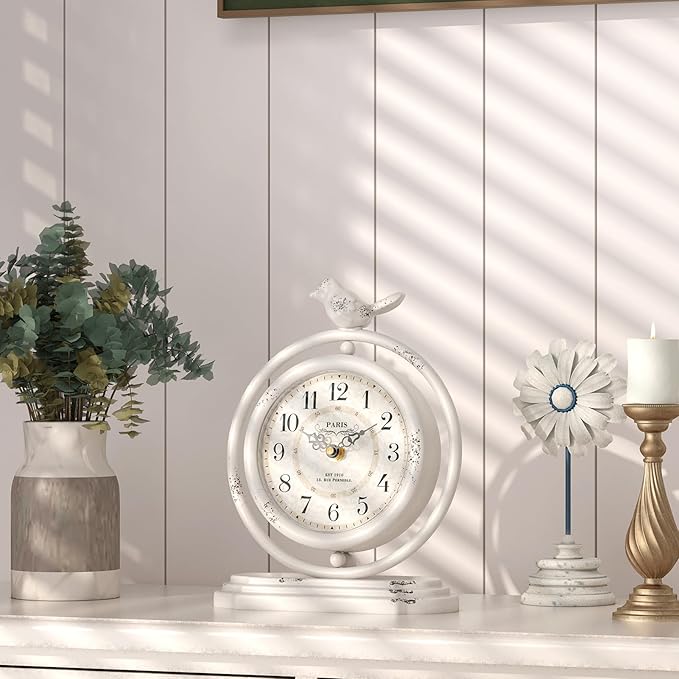 White Vintage Table Clock with Bird, European Retro Style Mantel Clocks, Desk and Shelf Decor Clock, for Living Room, Farmhouse, Bedside, Bedroom, Gift (7.9" H x 6.3" W)