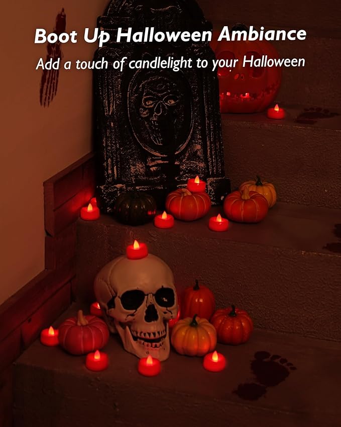 Flameless Candles, 12 Pack Tea Lights Candle Battery Operated, Flameless Tealight Votives, Realistic Tea Lights for Halloween Christmas Party Decor -D 1.5” x H 1.25”-Red Light