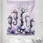 Ambesonne Purple Tapestry Twin Size, Dried Tree with Mushrooms in Lilac Color Palette and Huge Seahorse Prints, Wall Hanging Bedspread Bed Cover Wall Decor, 68" X 88", Mauve and Lavender