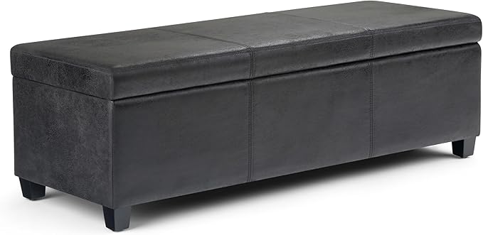 SIMPLIHOME Avalon Storage Ottoman Bench - 48 inch Wide Upholstered Vegan Leather Rectangular Lift-Top Ottoman in Distressed Black, Contemporary Storage Bench for Living Room with High-Density Foam