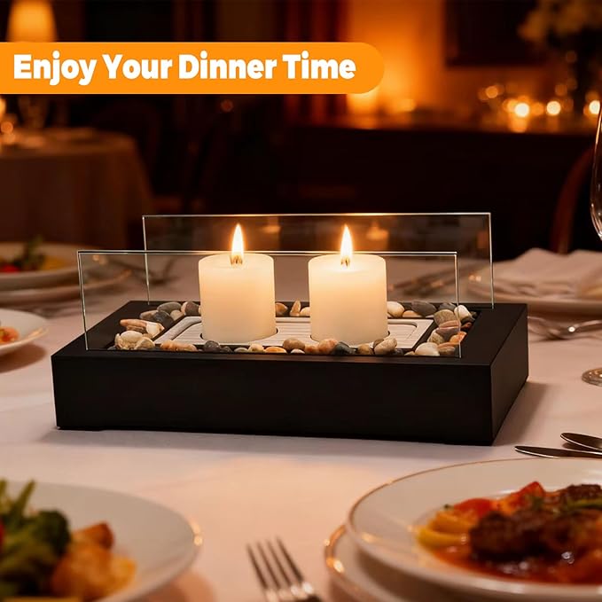Rectangle Tabletop Hurricane Candleholder with Decorative Stones - Suitable for Dia 2.5" and Below Pillar Candles and Scented Candles, Gift for Dinner Table Centerpiece & Housewareming