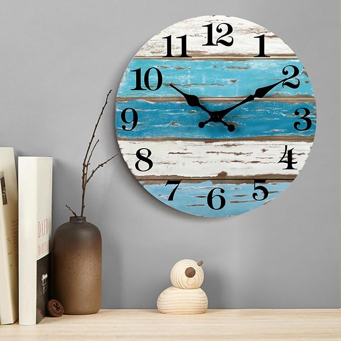 CHYLIN Wall Clock, Beach Themed Blue Wall Clocks Battery Operated Silent Non-Ticking, 8 Inch Vintage Rustic Coastal Nautical Clock Decorative for Kitchen Office Bathroom Bedroom 8