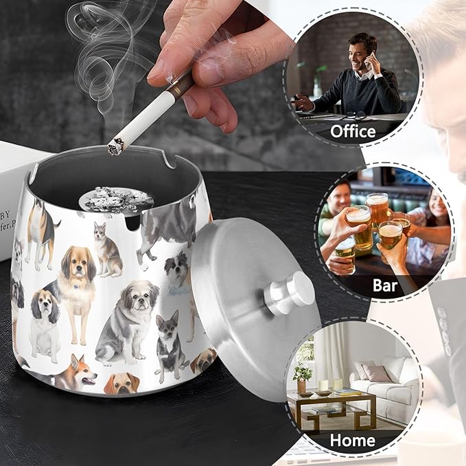 Dog Breeds Ashtray with Lid, Outdoor Ashtrays for Patio, Stainless Steel Ashtray Odorless Smokeless for Home Office Balcony