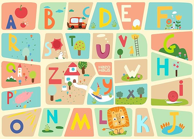5x7 ABC Alphabet Rug for Preschool Kids – Educational Learning Play Mat for Toddlers, Washable Classroom or Playroom Carpet, Soft & Safe Baby Floor Rug with Fun Letters and Whimsical Art Décor