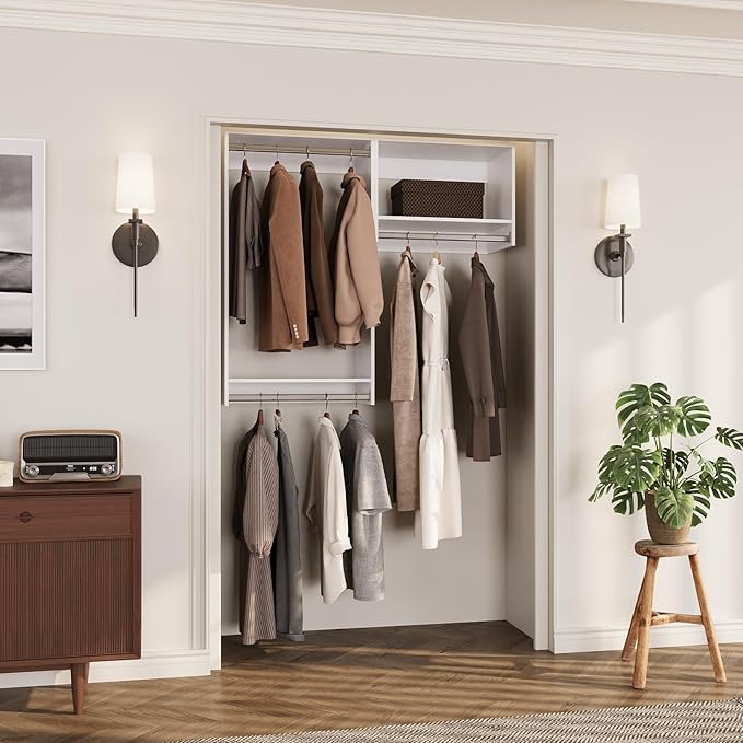 ROOMTEC Modular Closet System, 61" Wall-Mounted Closet Organizer with Hanging Rods, Wooden Tower for Walk-In Closets, Wardrobe Storage Kit, White