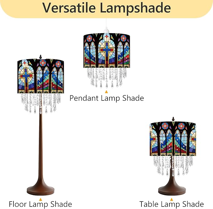 Cross Stained Glass Lamp Shade with Acrylic Bead Droplets, Drum Fabric Light Shade for Ceiling Pendant Table & Floor Lamps, Religious Christian Jesus Prayer Gift, 11.8in