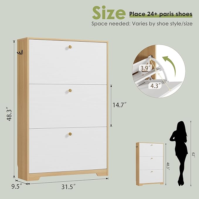 Nicetree Shoe Storage Cabinet for Entryway, Morden Shoe Cabinet, Freestanding Shoe Rack Cabinet, Hidden Shoe Dresser for Hallway,Foyer, Natural Oak and White