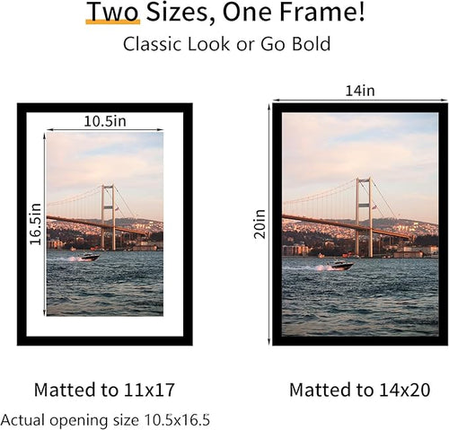 14x20 Picture Frame 3 Pack - Black Poster Frame Display Pictures 11x17 with Mat or 14 x 20 Without Mat for Wall Hanging Horizontal and Vertical