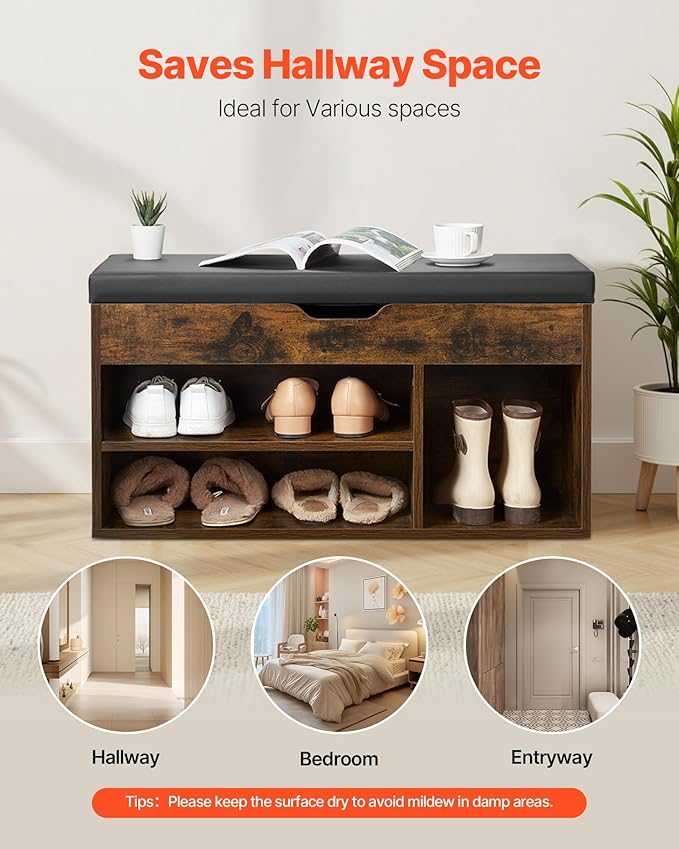 VEVOR Shoe Storage Bench with Padded Cushion, Entryway Bench with Hidden Storage, Holds up to 300 lbs, 31.7 x 12.0 x 17.5 Inches, for Entryway, Hallway, Living Room, Bedroom