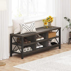 FATORRI Shoe Bench Entryway with Storage, Industrial Wood and Metal Hallway Benches with Adjustable Shelves, Rustic Entry Way Bench for Living Room (47.24 Inch Long, Walnut Brown)