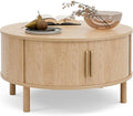 Coffee Table for Living Room, Modern Round Coffee Table with Cabinets & Sliding Doors, Home Small Space, 29.9" Fluted Center Table, Natual