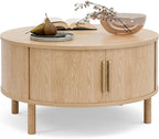 Coffee Table for Living Room, Modern Round Coffee Table with Cabinets & Sliding Doors, Home Small Space, 29.9" Fluted Center Table, Natual
