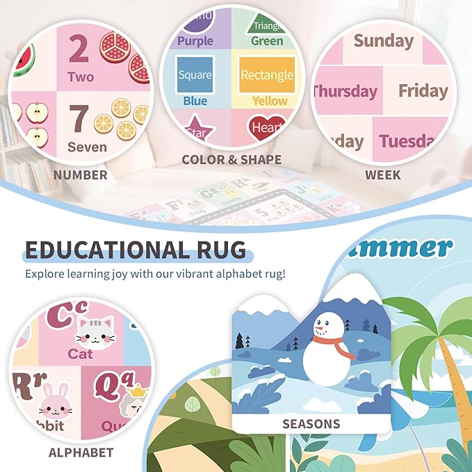 Kids ABC Rug for Playroom, Classroom Alphabet Area Carpet Playmat,Washable Toddler Mat for Baby Room,Play Room,Bedroom,Floor,Nursery (Pink,4'x6')