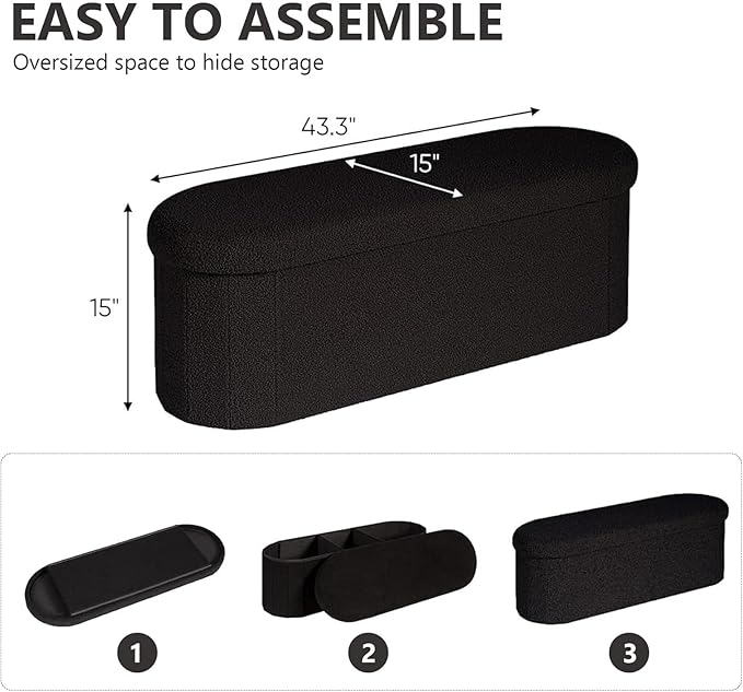 43.3 Inches Collapsible Ottoman with Storage, Bench with Storage Ottoman for Living Room, Bedroom & Entryway-Black