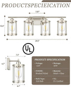 4-Light Brushed Nickel Bathroom Light Fixtures, 29 Inch Modern Bathroom Vanity Lighting Fixtures Over Mirror with Clear Glass and Metal Cage Wall Sconce Lights for Bath, E26, OS-3014BN-4W